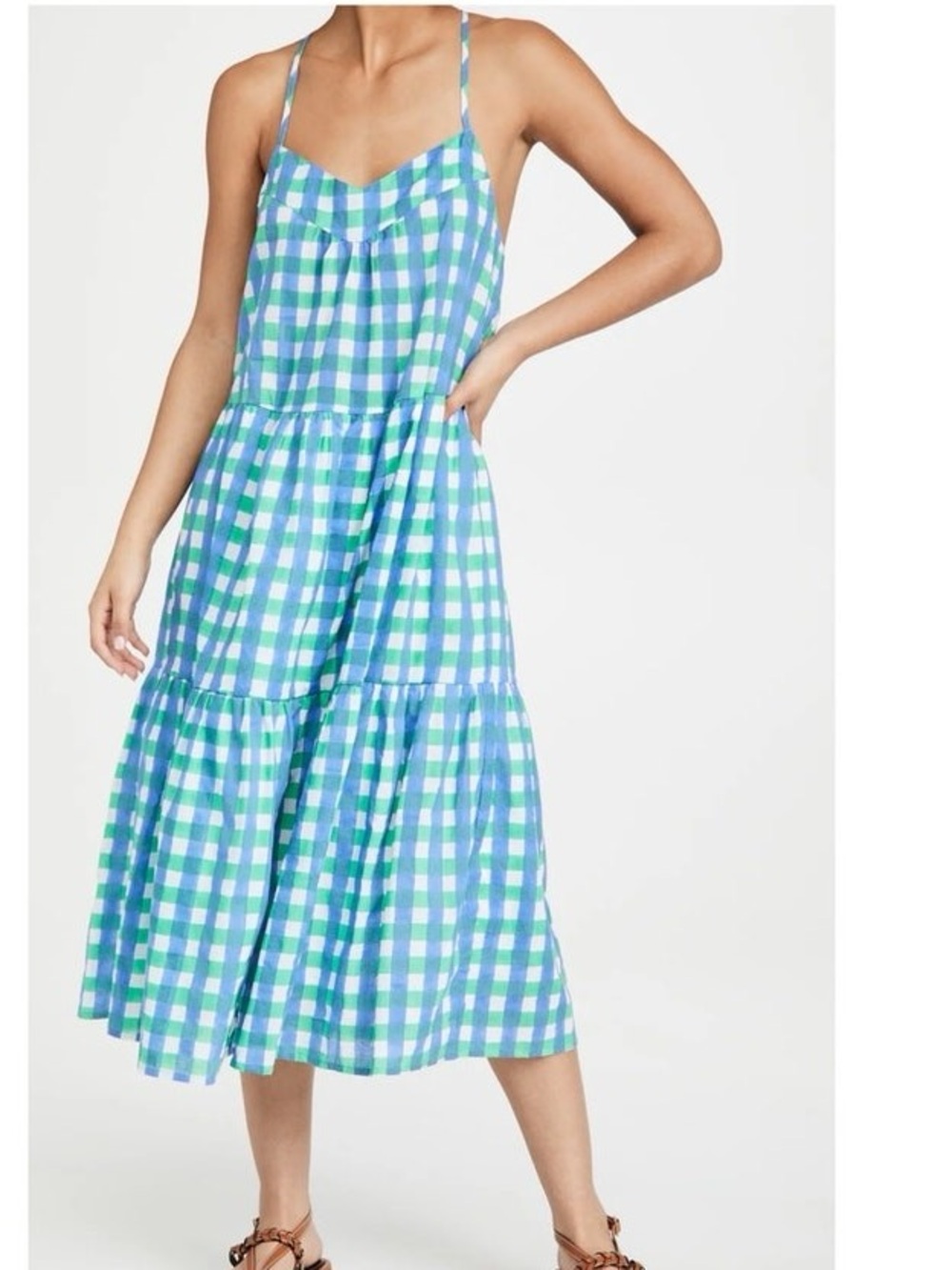 SZ Blockprints Green & Blue Gingham Tiered Sundress with Thin Straps